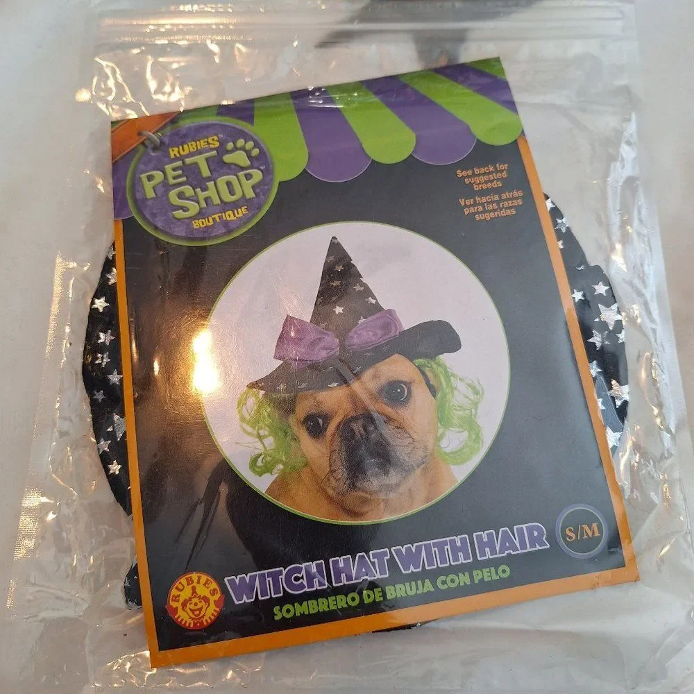 Dog Cat Witch Hat Costume with Hair S/M Black Purple‎ Green Silver Stars